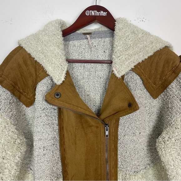 Free People Counting Sheep Sherpa Suede Moto Jacket Medium Large Oatmeal Camel - Picture 6 of 15